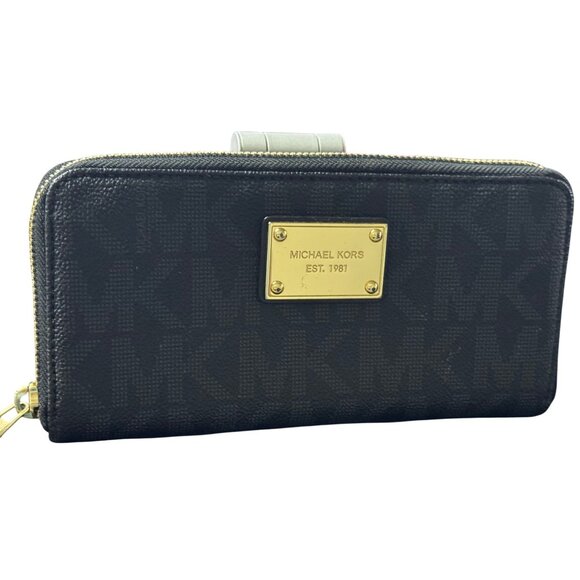 Michael Kors Jet Set Zip-Around Wallet Black Logo Pattern Gold Hardware - Picture 3 of 4